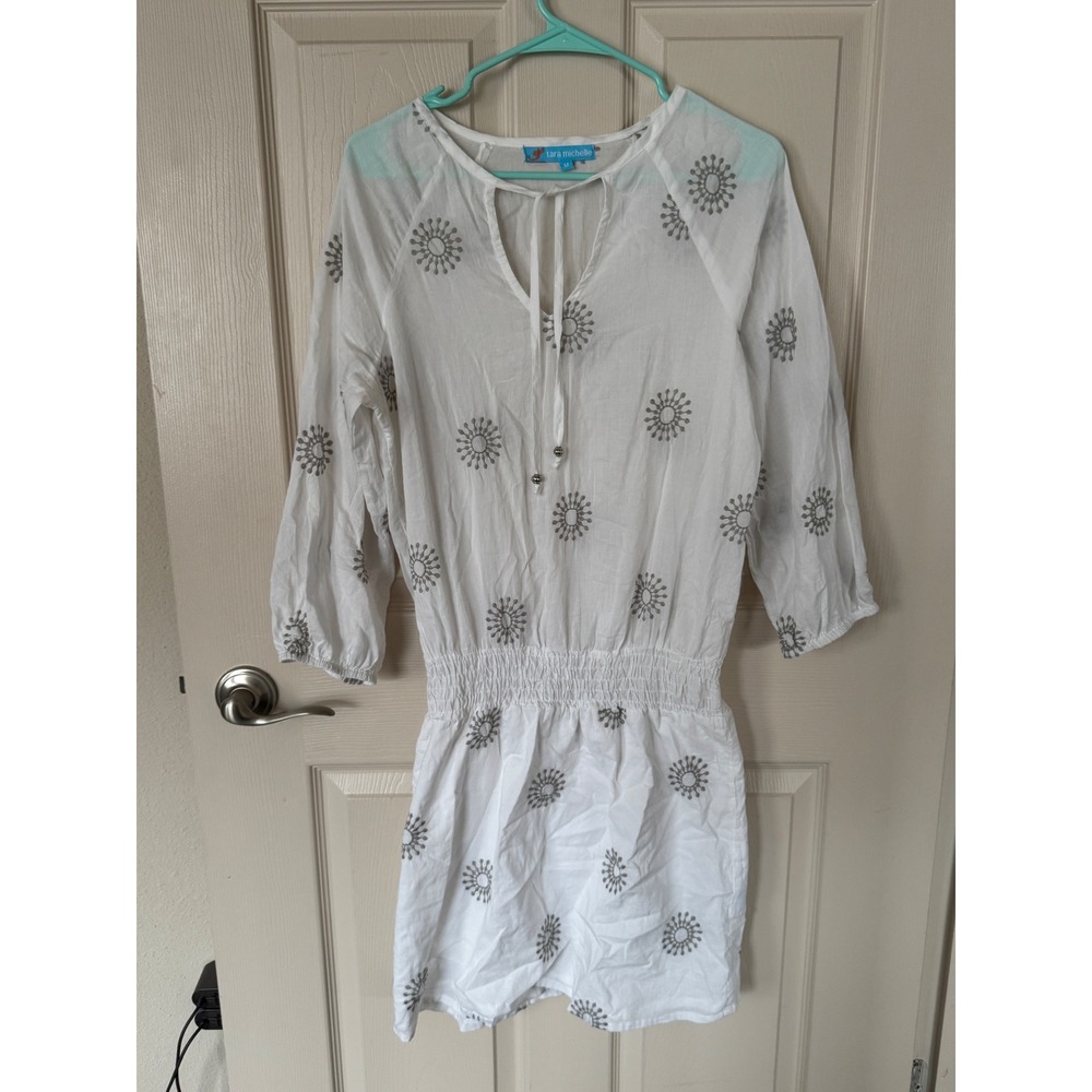 Tara Michelle Embroidered Dress Cover Up‎ White Sun Dress Beach Smocked M Q2